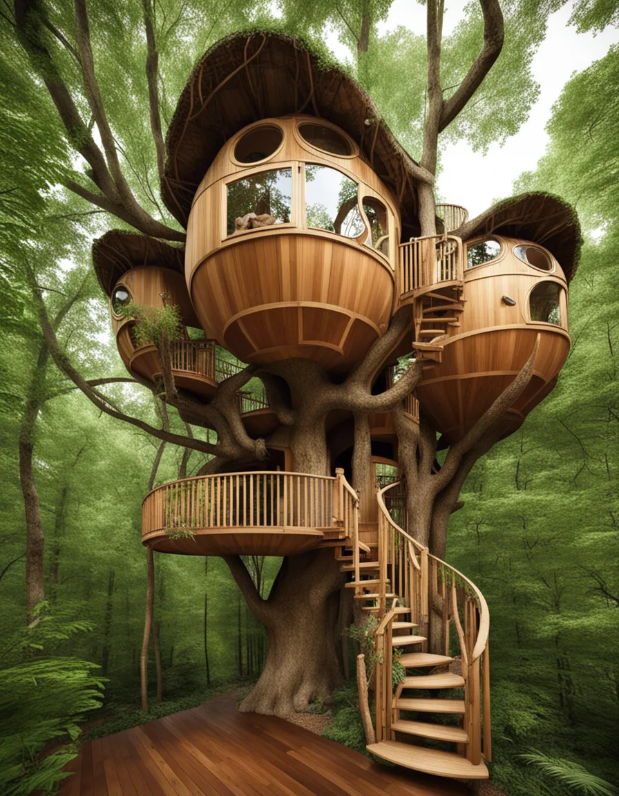 A whimsical treehouse with multiple levels and balconies, nestled amongst the branches of a large tree.