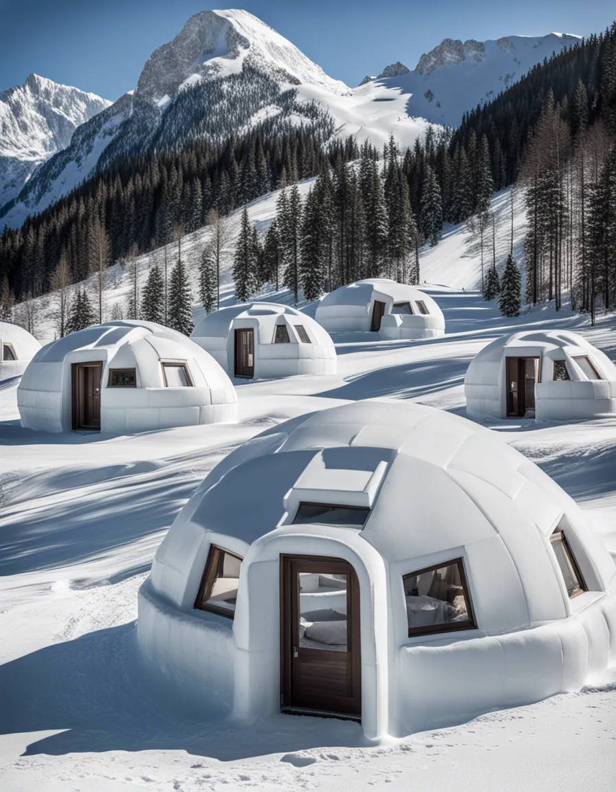 A cluster of geodesic dome-shaped houses covered in snow, nestled in a picturesque winter landscape.