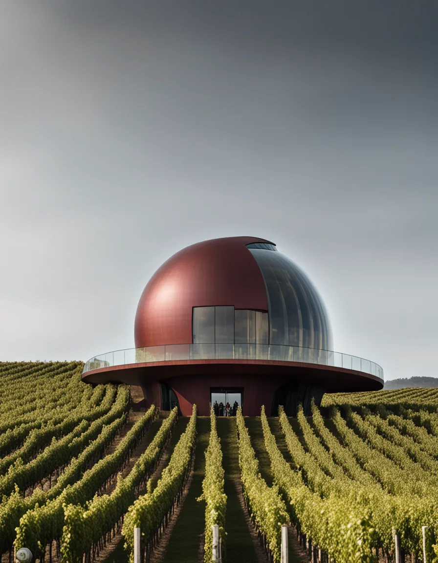 A futuristic, dome-shaped building with a red roof, overlooking a vast field of vineyards.