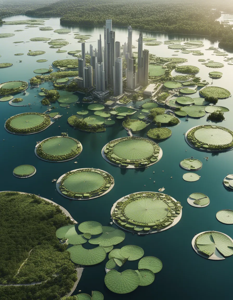 A futuristic city built on a series of interconnected floating islands, resembling lily pads.