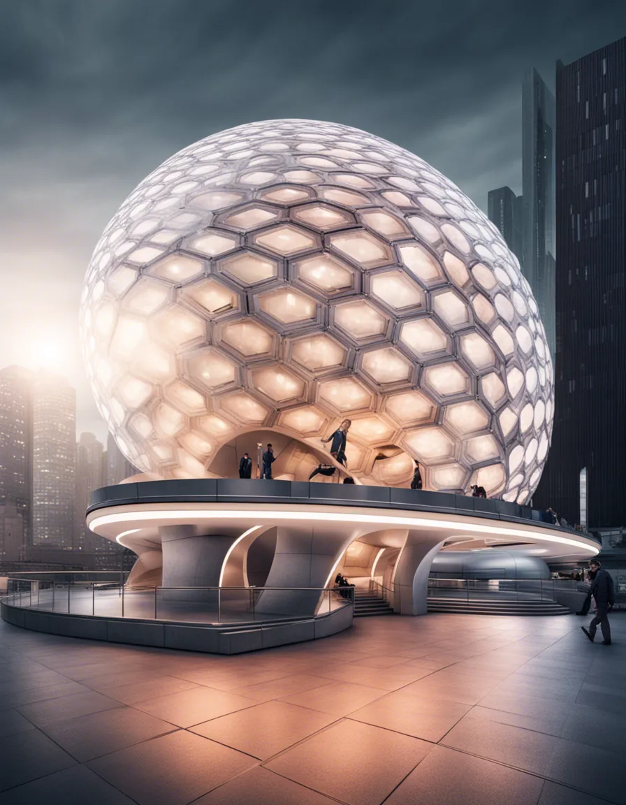 A spherical building with a geometric pattern, standing on a bridge over a body of water.