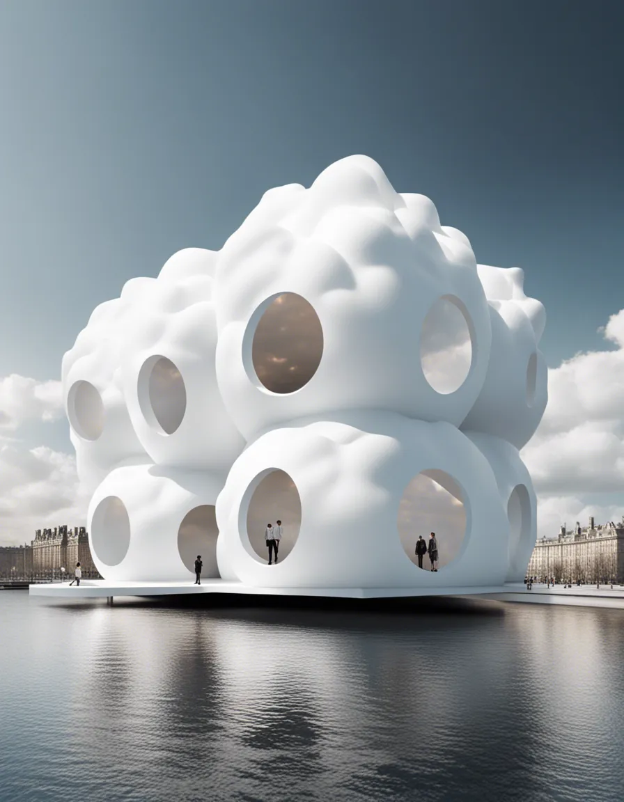 A whimsical, cloud-shaped house with a playful design, floating on a calm lake.