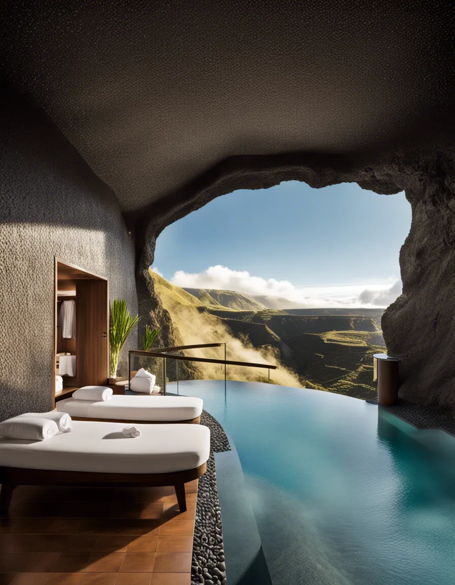 A luxurious bedroom with a panoramic view of a breathtaking mountain landscape, accessed through a cave-like entrance.