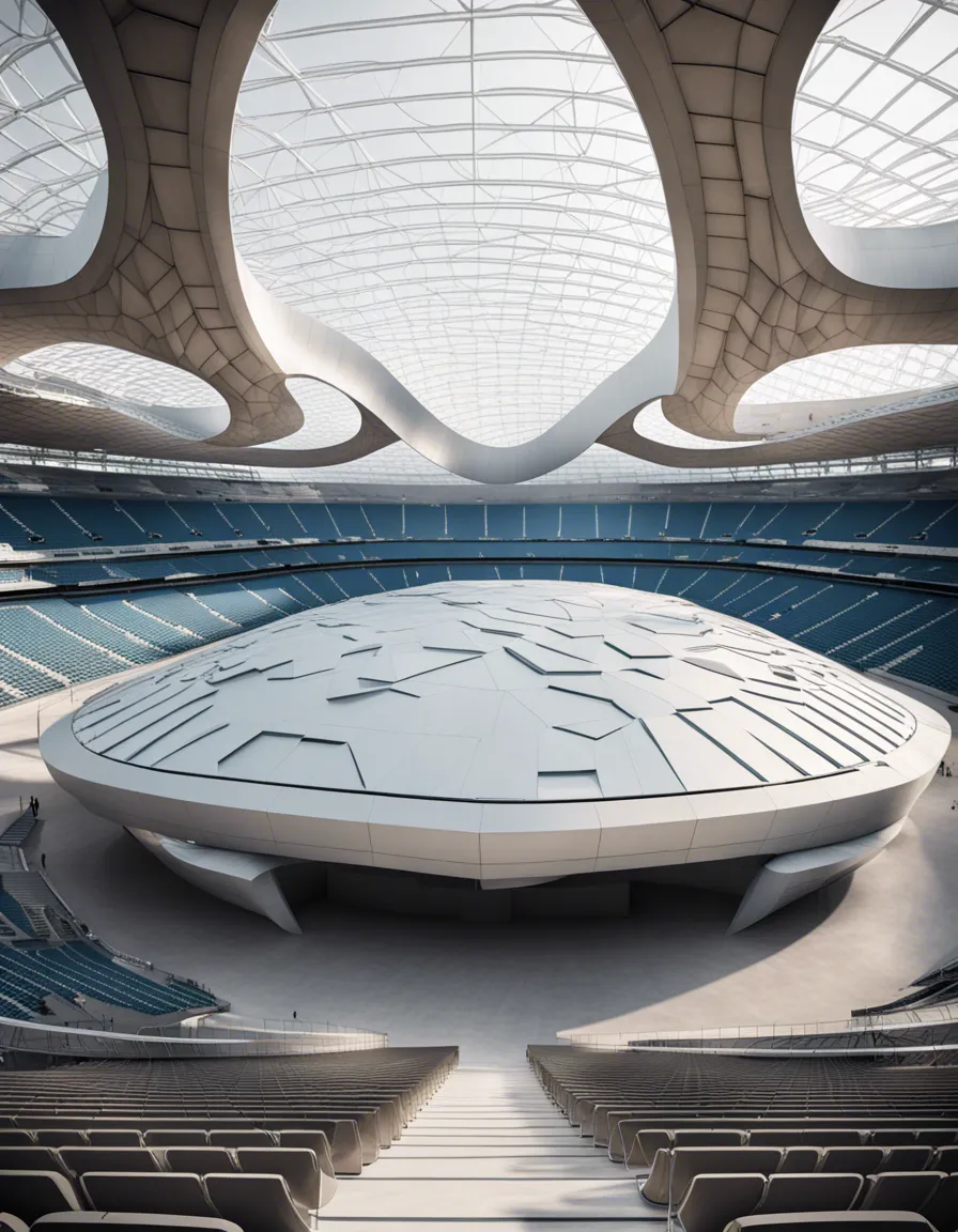 A futuristic, white building with a curved roof and a circular opening, resembling a spaceship.