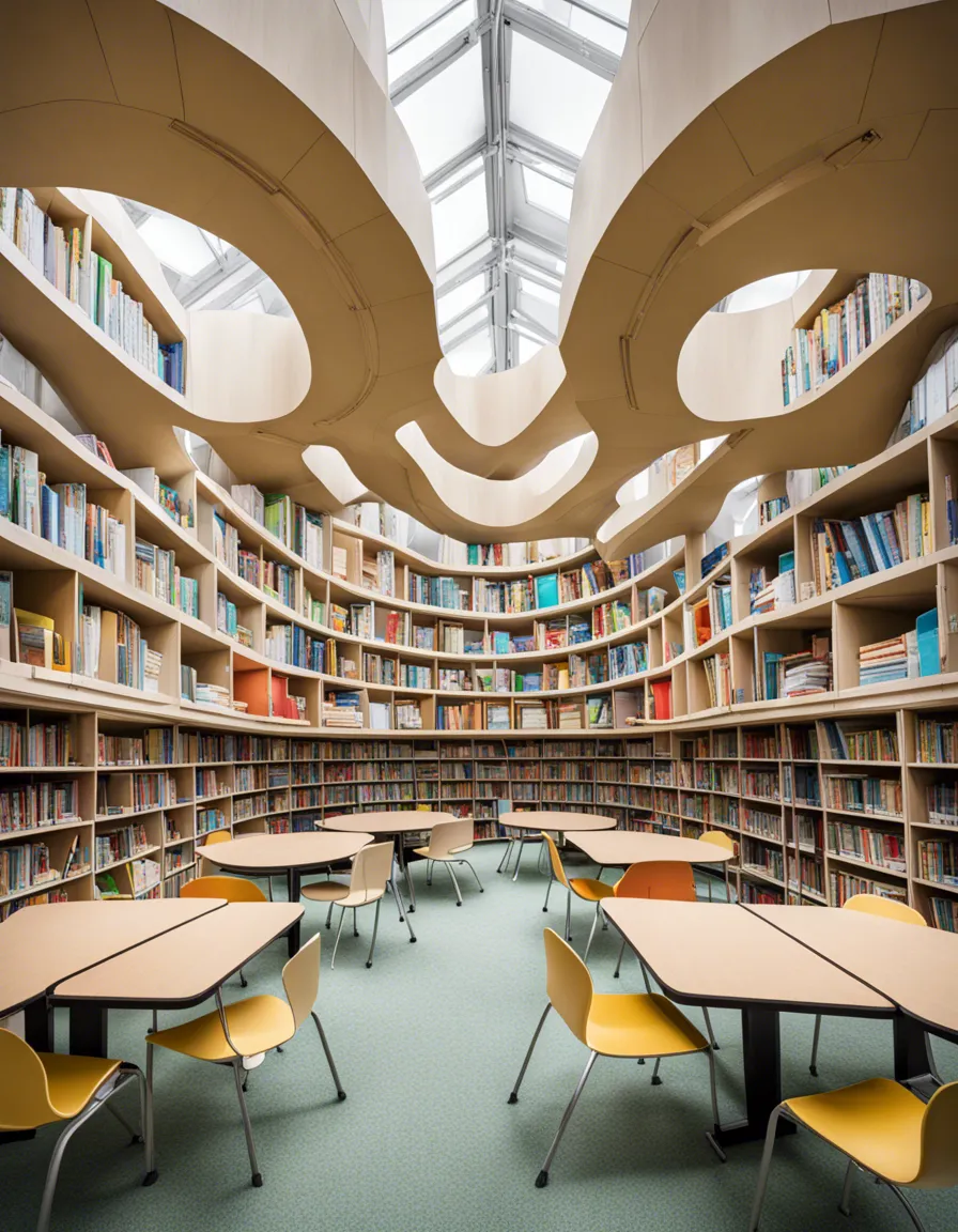 A grand, circular library with towering bookshelves and a central reading area, bathed in natural light.