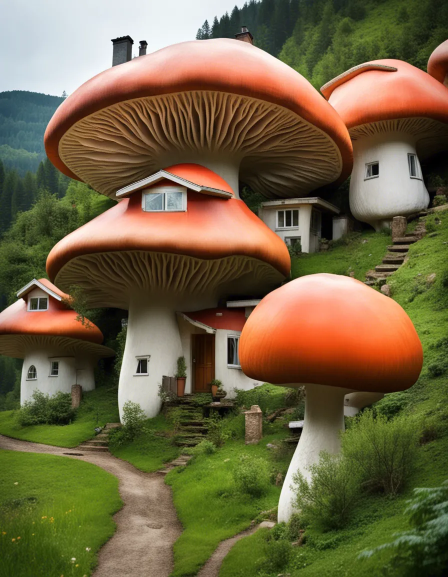 A cluster of whimsical, mushroom-shaped houses with colorful roofs, nestled in a lush green forest.