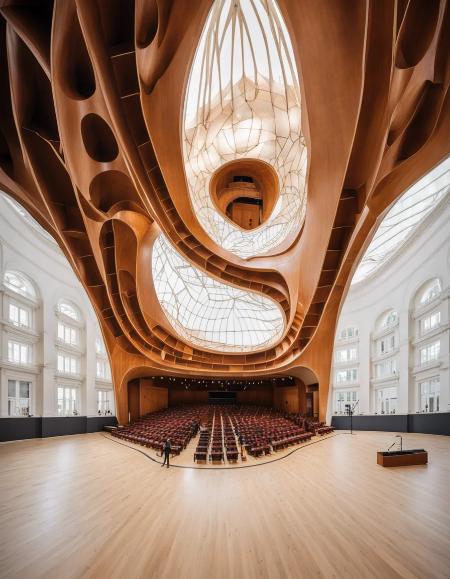 A modern, wooden building with a unique, organic design, resembling a bird's nest.