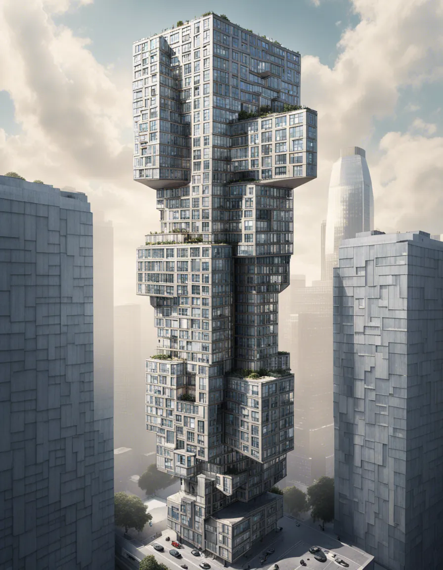 A futuristic skyscraper with a twisting, organic design, rising above a cityscape.