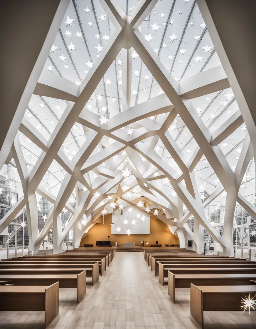 A modern church with a soaring, glass-walled ceiling and a geometric pattern.