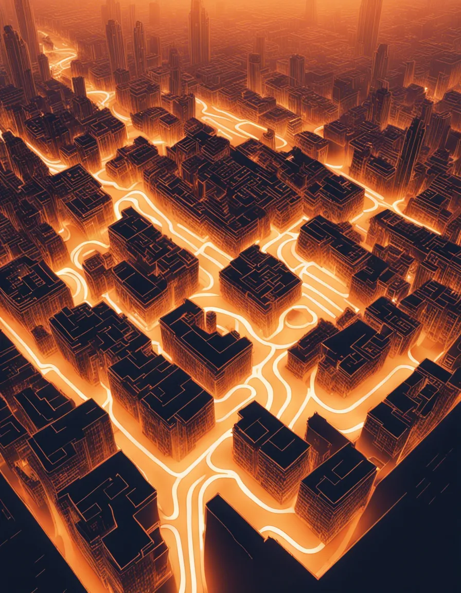 An aerial view of a city at night, with glowing lights creating a mesmerizing pattern.