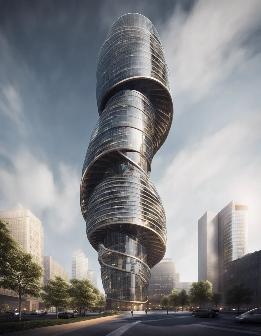 A tall, twisting tower with a metallic facade, reflecting the sunlight.