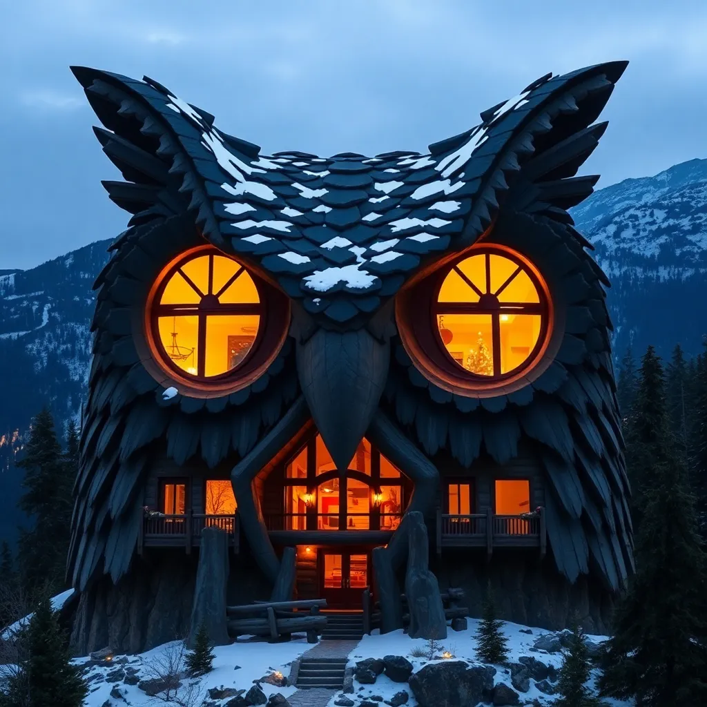 A whimsical house shaped like an owl, perched on a mountainside.