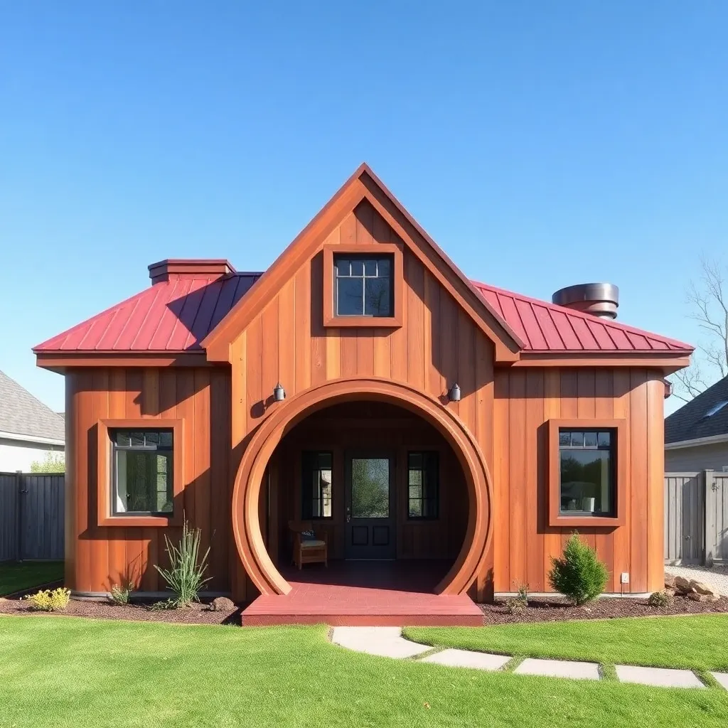 A charming cottage with a round door and a whimsical chimney.