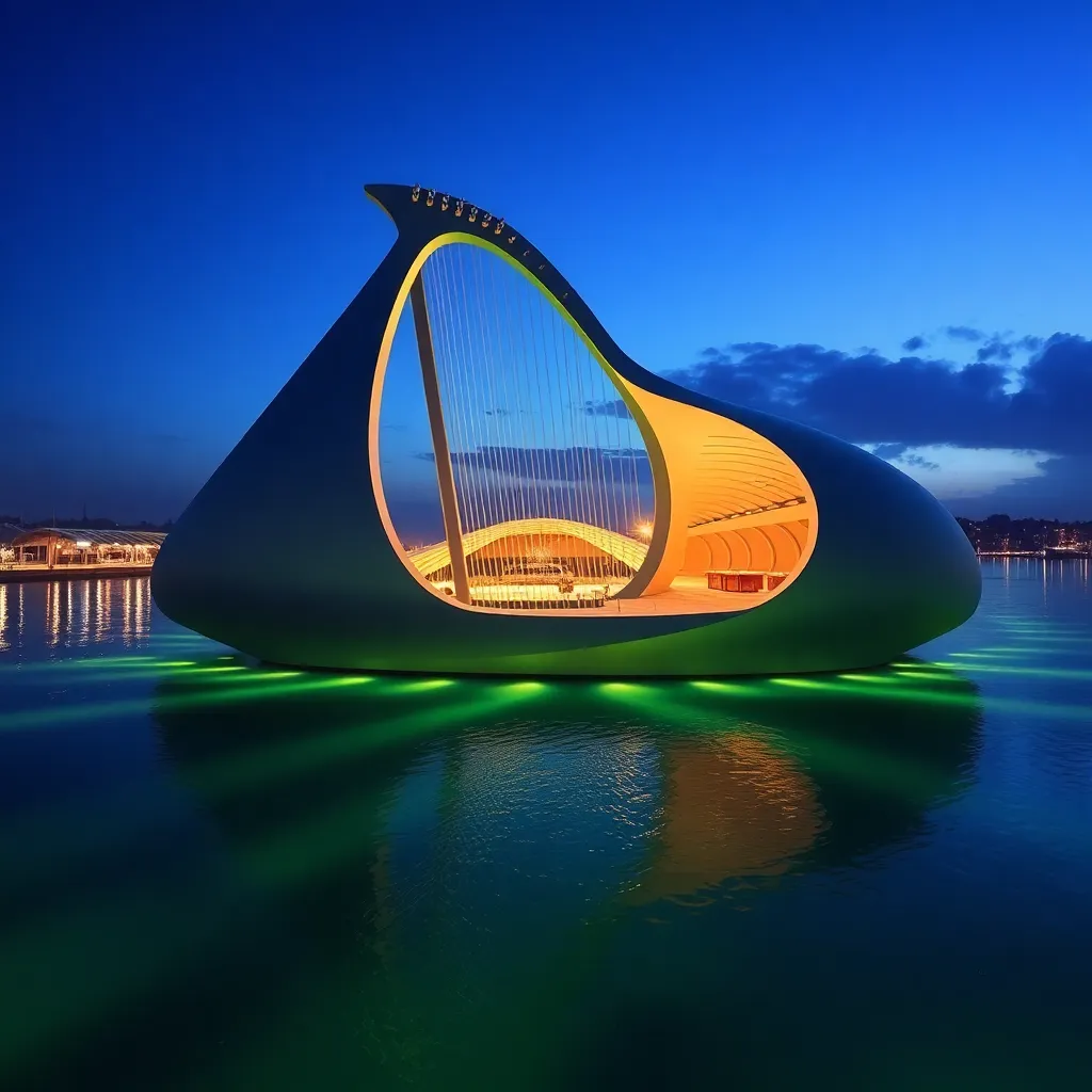 A futuristic houseboat shaped like a pear, illuminated from within.