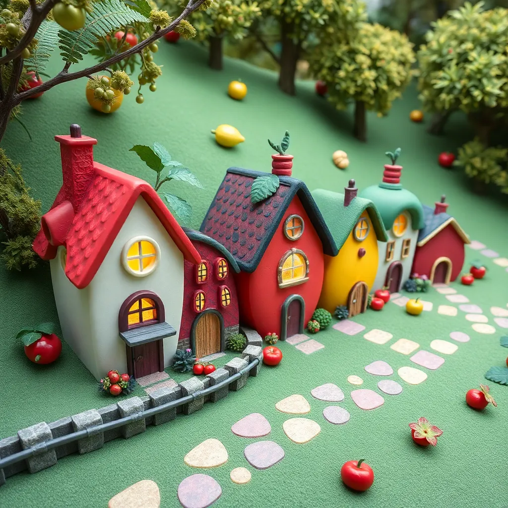 A miniature village of colorful houses with red roofs, nestled in a lush green landscape.