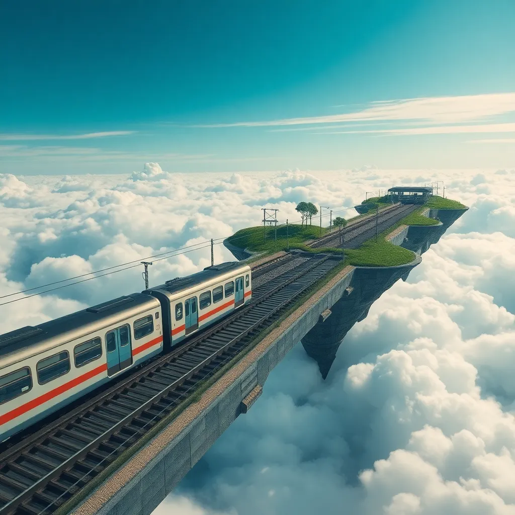 A whimsical train track stretches across the clouds, leading to a floating island.