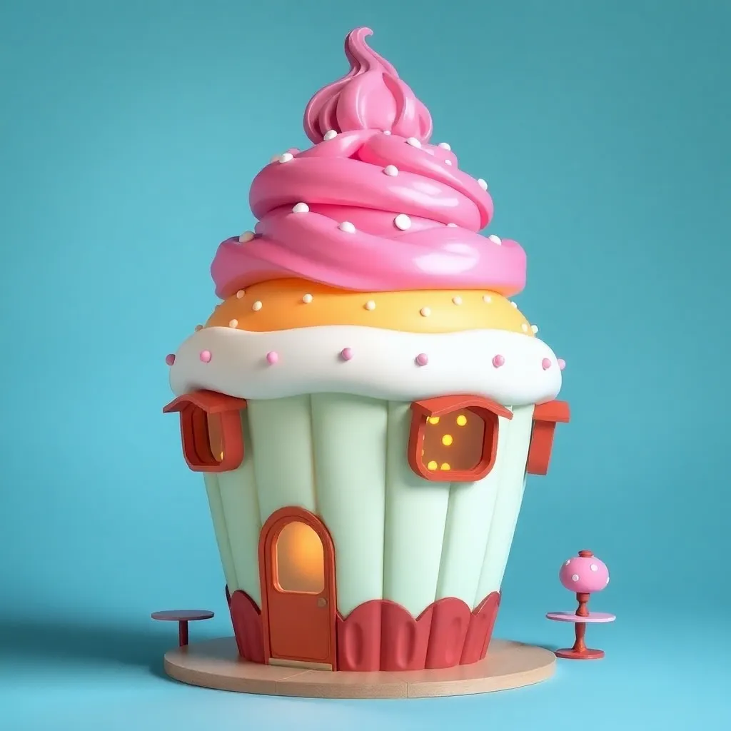 A playful illustration of a cupcake-shaped house with a pink swirl frosting roof.