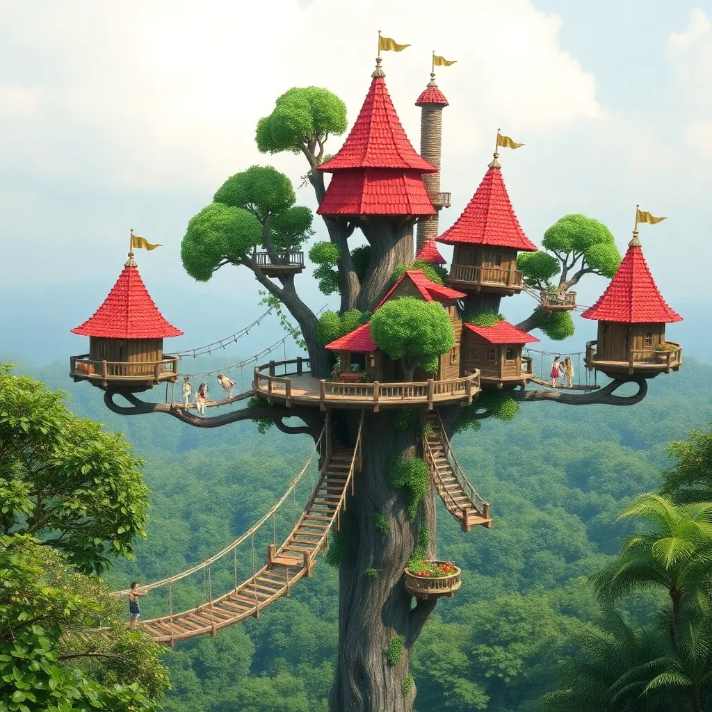 A cluster of adorable treehouses with red roofs, connected by rope bridges.