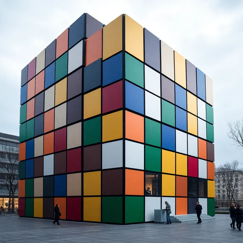 A colorful building constructed entirely from stacked shipping containers.