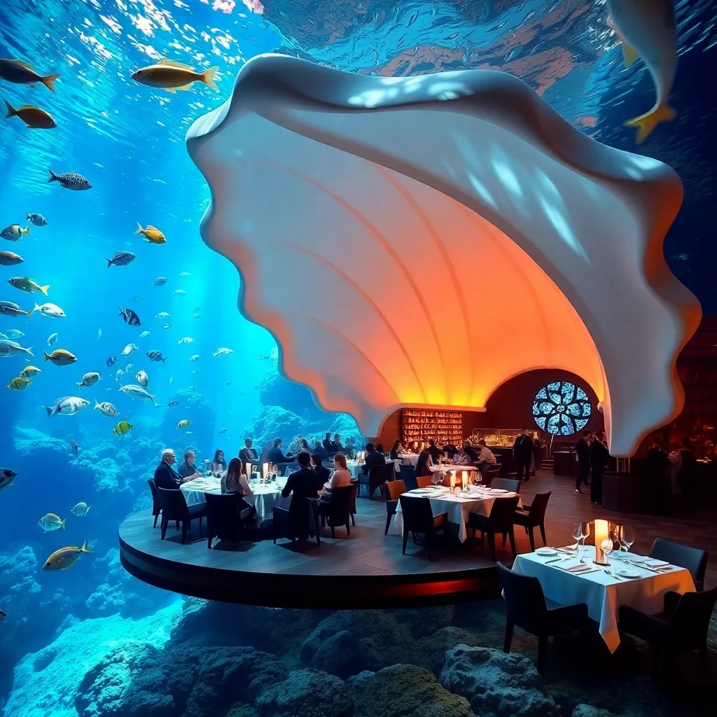 A unique underwater restaurant with a transparent dome offering stunning views of marine life.