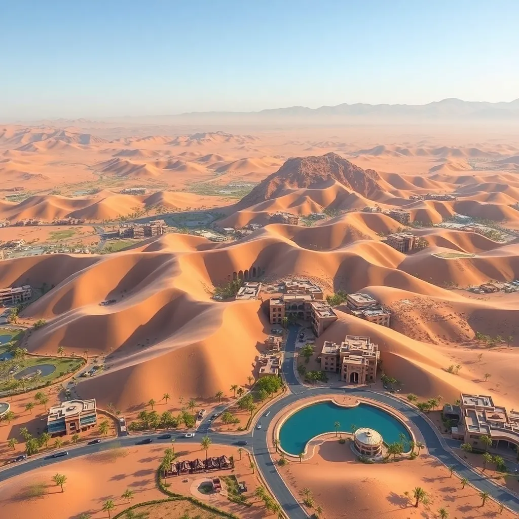 An aerial view of a vast desert landscape with rolling sand dunes and a hidden oasis.