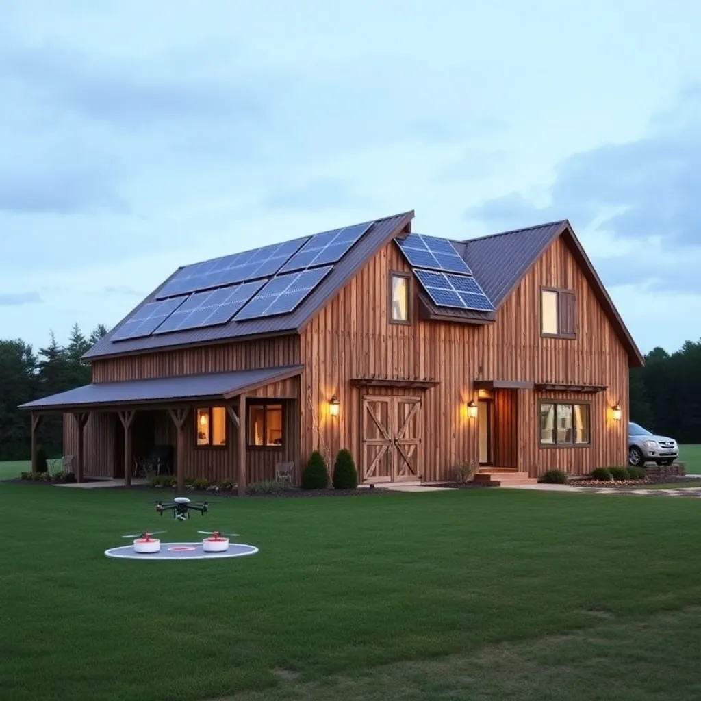 A modern farmhouse with a solar panel roof, nestled in a picturesque rural setting.