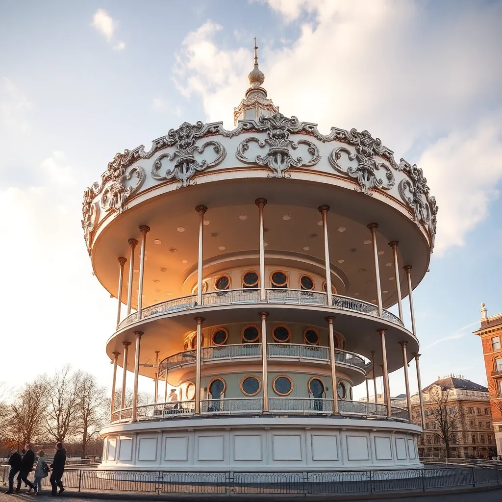 A vintage carousel with ornate details, bathed in warm sunlight.