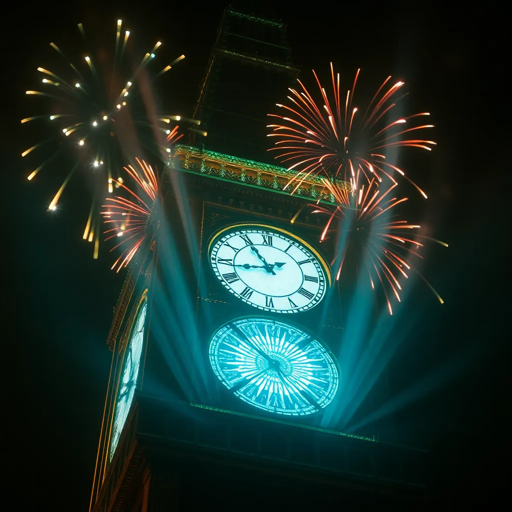 A close-up of a clock tower with glowing hands and fireworks exploding in the background.