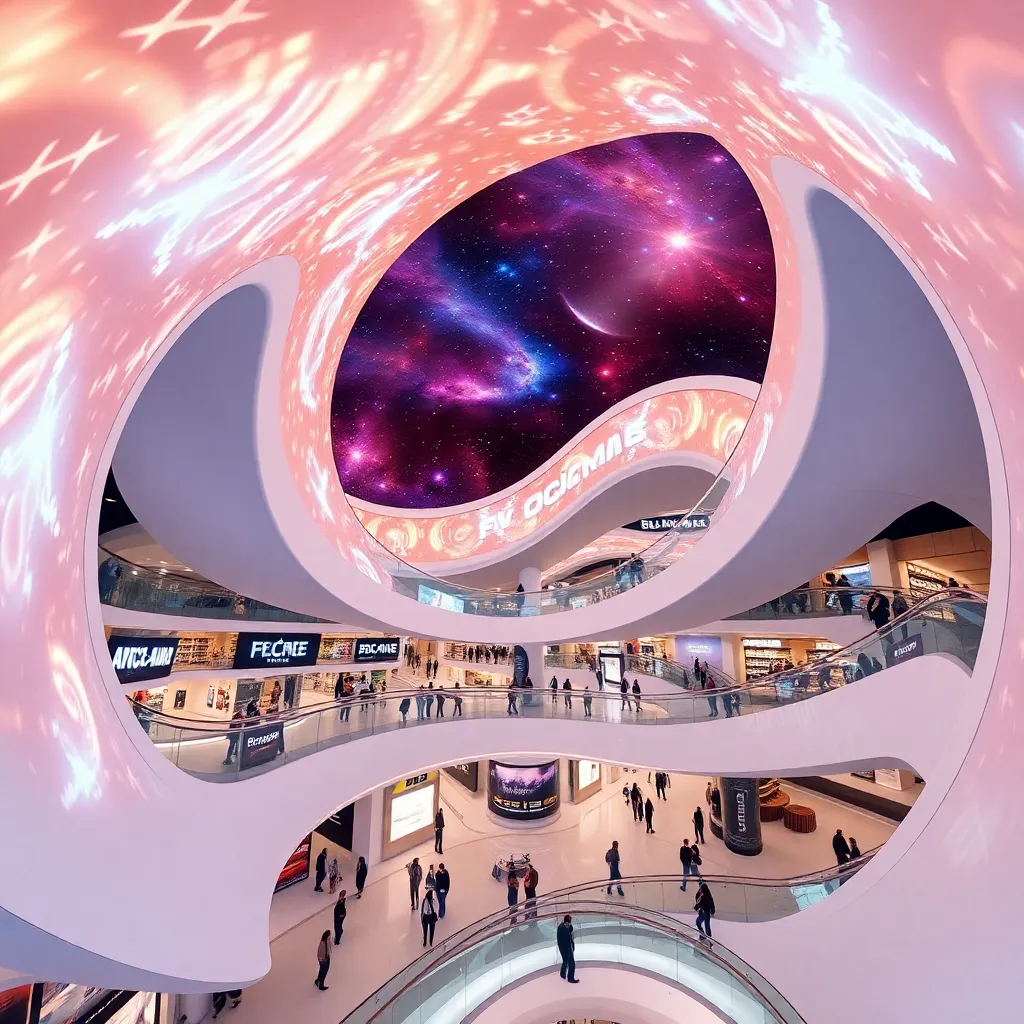 A futuristic interior with a curved ceiling displaying a swirling galaxy.