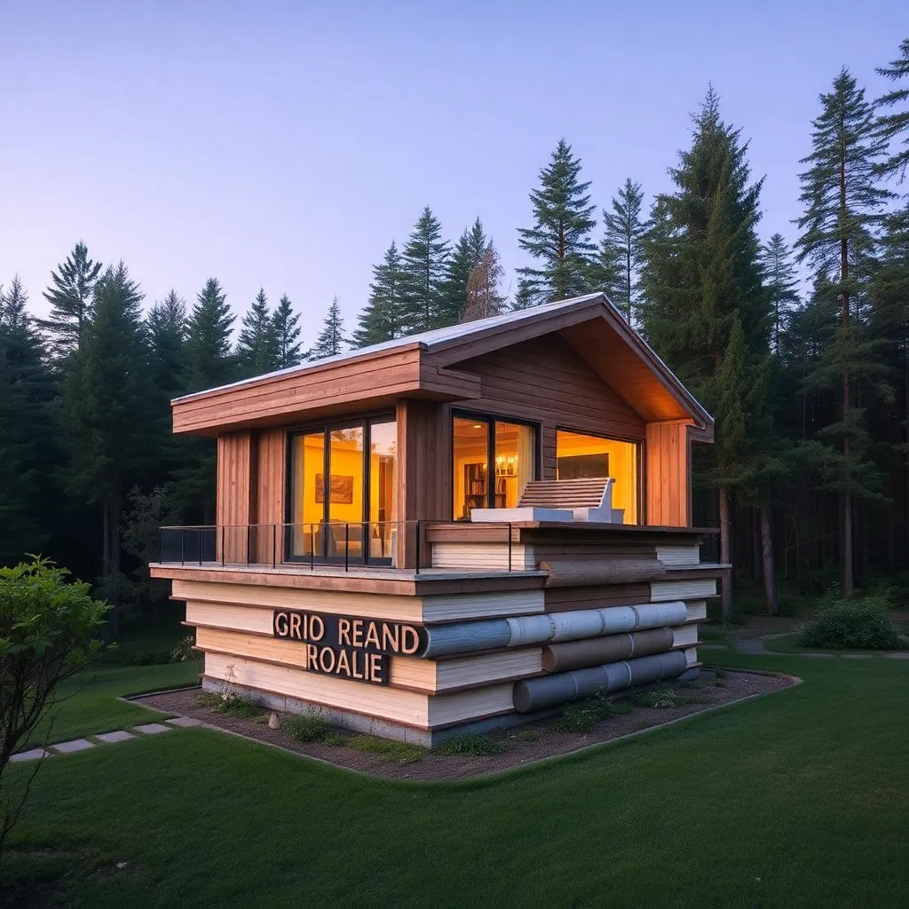 A cozy log cabin nestled amongst tall pine trees.