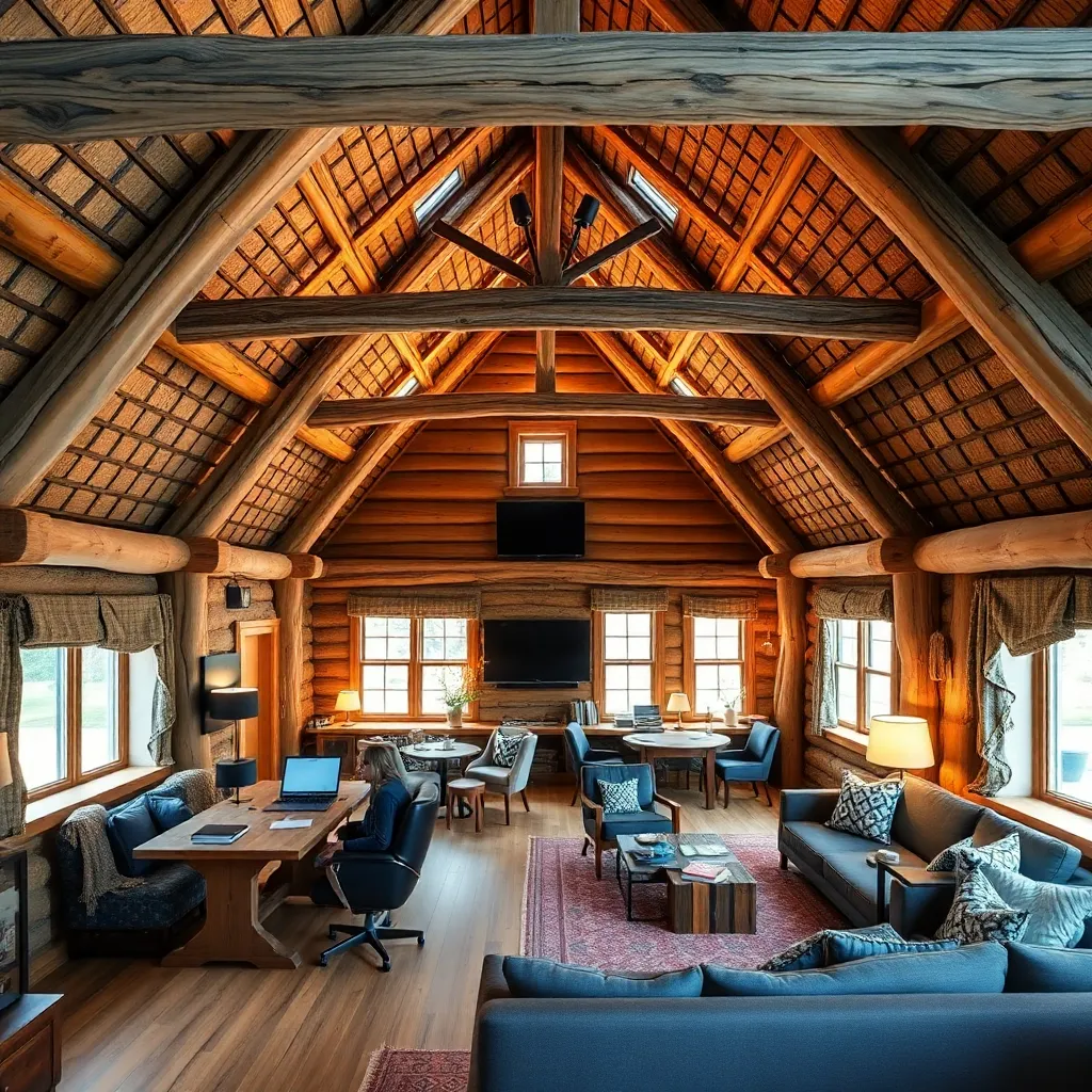 A spacious wooden cabin interior with a cathedral ceiling and comfortable seating.