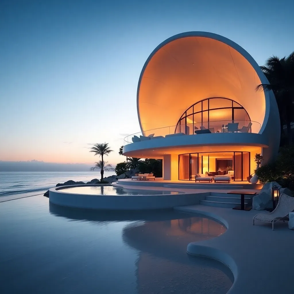 A modern, futuristic house with a curved roof and a glowing interior, overlooking a calm ocean at sunset.