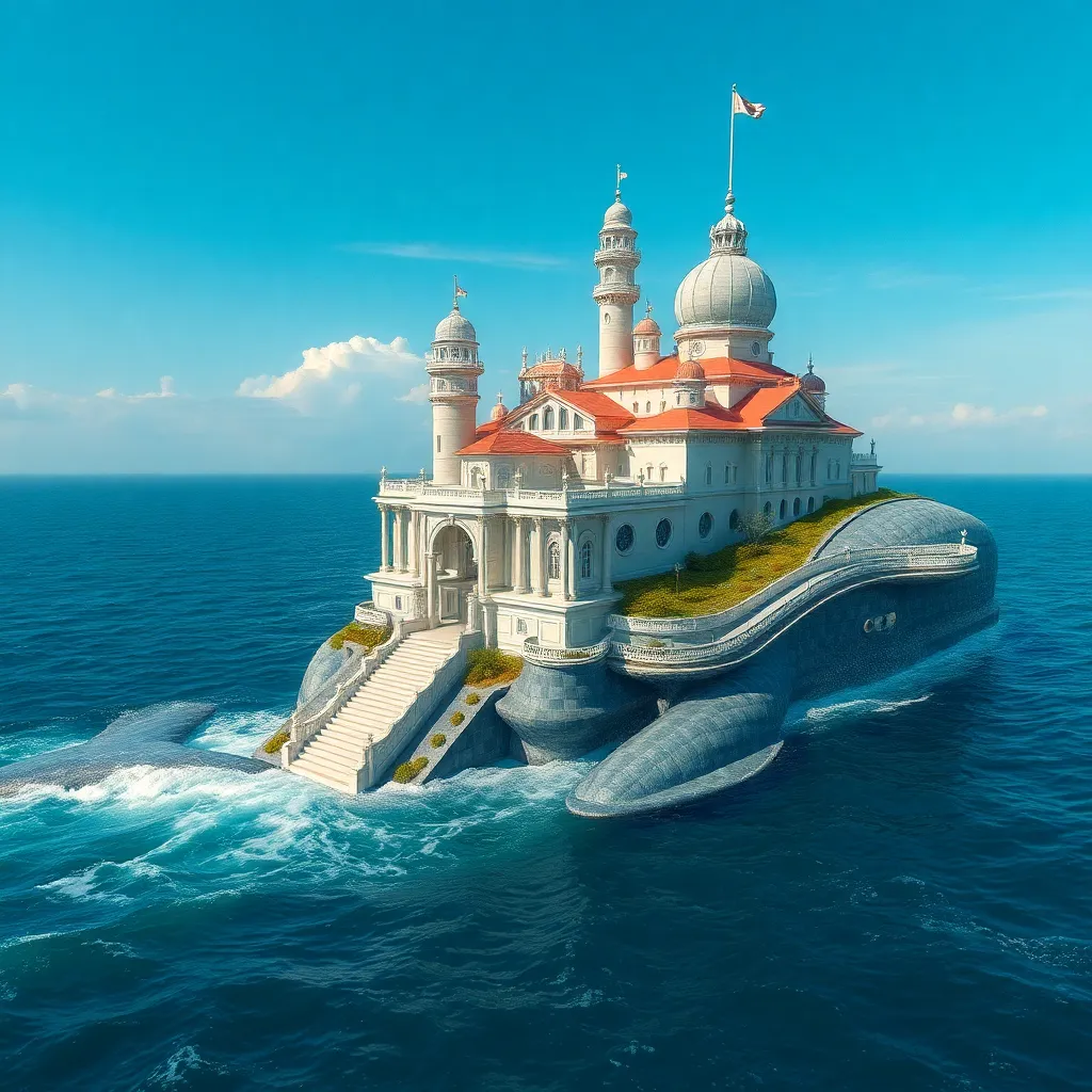 A whimsical, castle-shaped ship sailing on a vast ocean, with a playful and fantastical design.