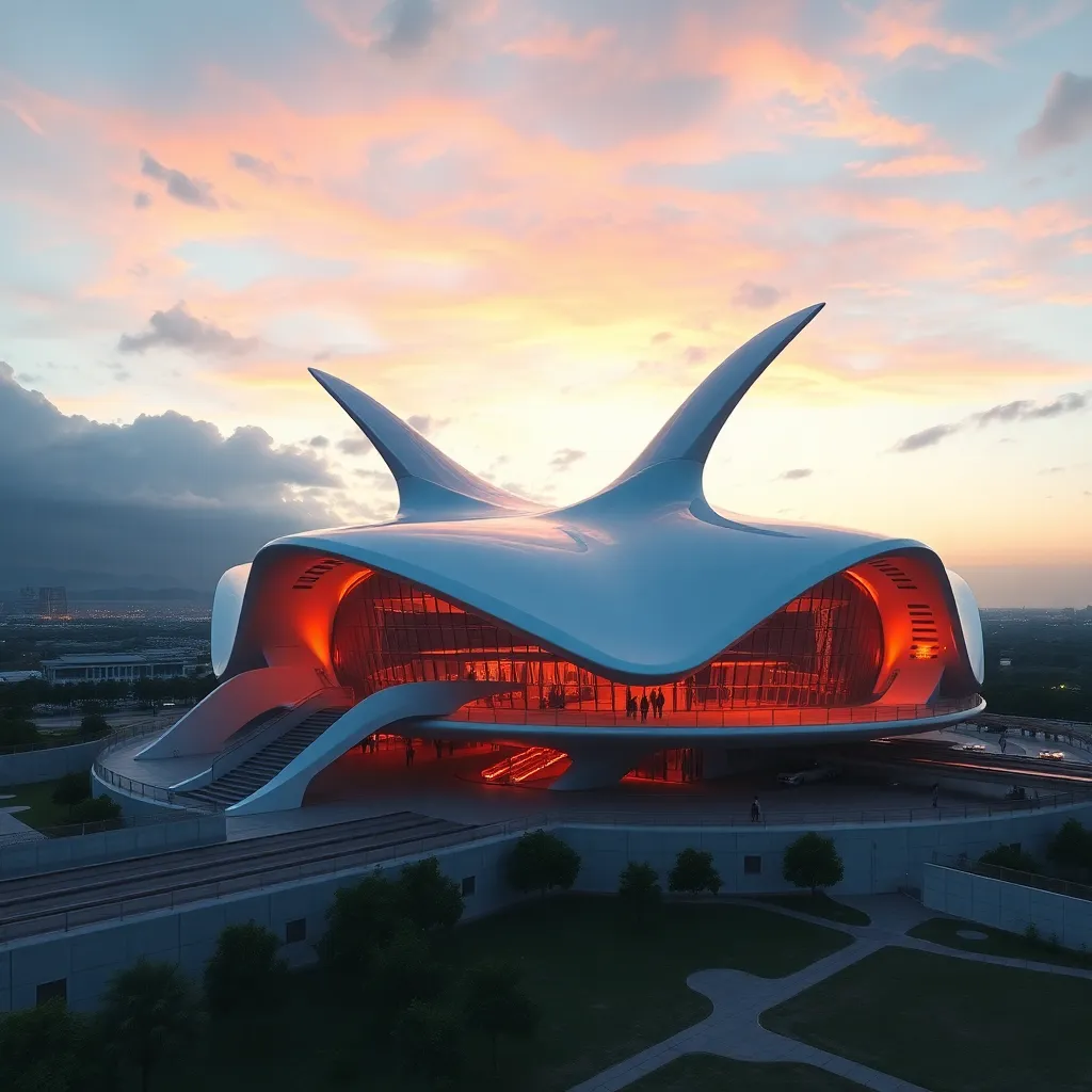 A futuristic, shell-shaped concert hall with a glowing interior, illuminated against a dramatic sunset sky.