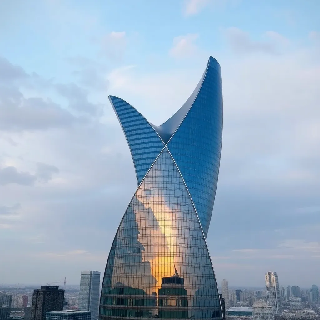 A tall, slender skyscraper with a curved facade, reaching towards the sky.