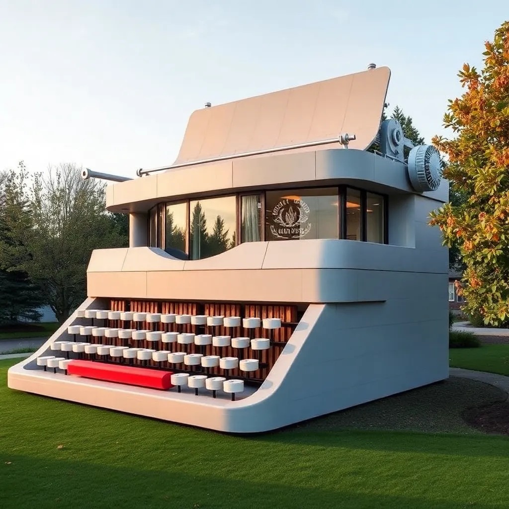 A whimsical, typewriter-shaped house with a colorful facade and a playful design.