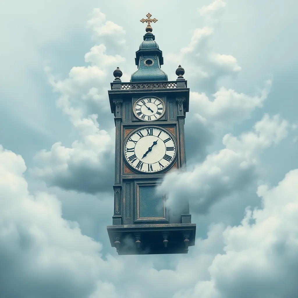 A vintage-style clock face with ornate details, floating among the clouds.