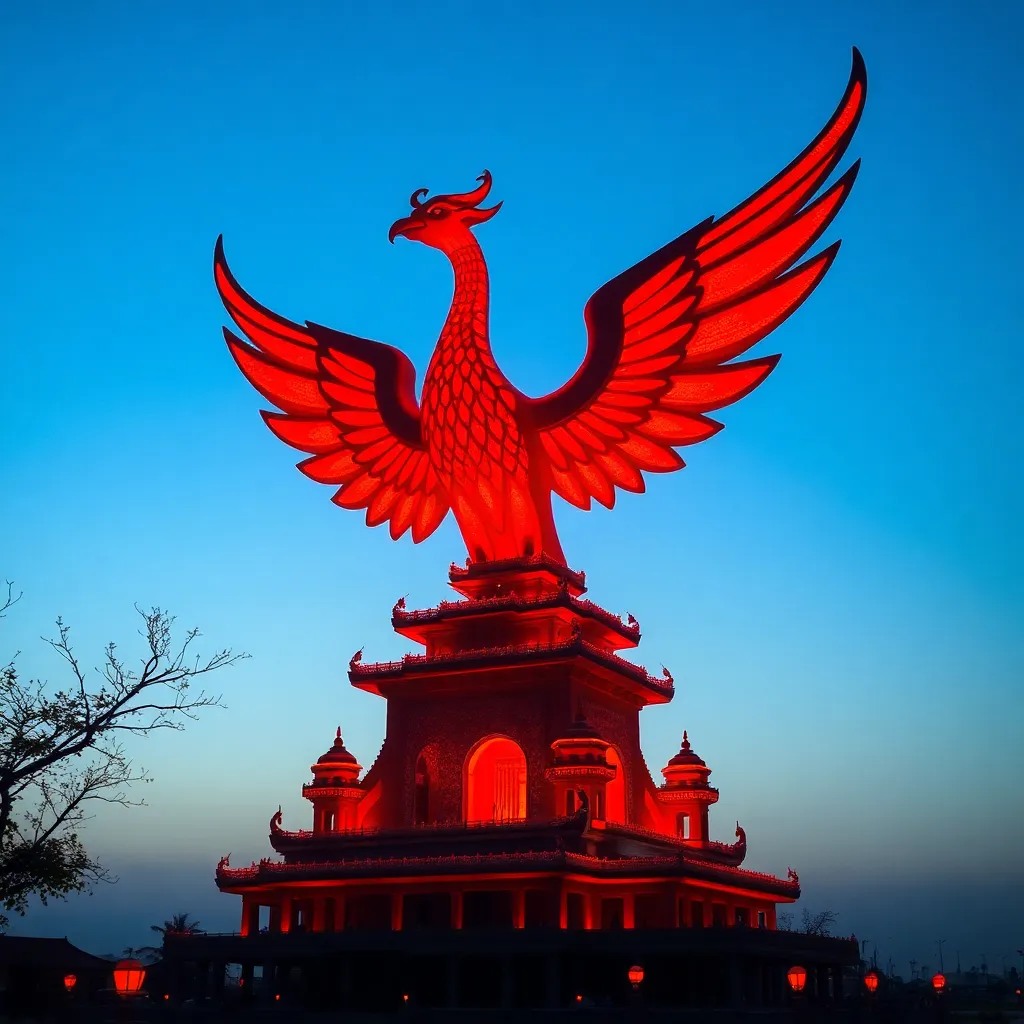 A majestic, red phoenix sculpture with outstretched wings, standing tall against a dramatic sky.