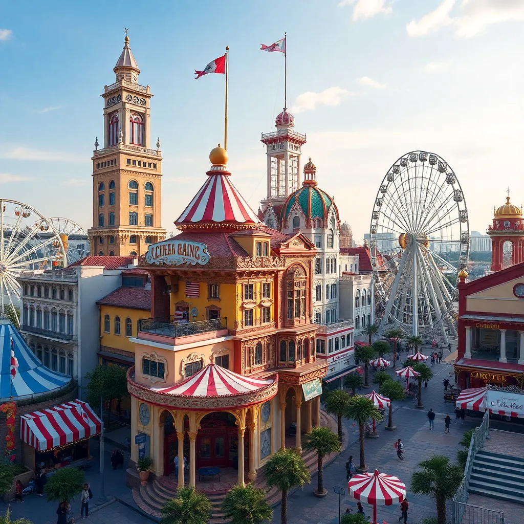 A vibrant amusement park with colorful buildings, a Ferris wheel, and other attractions.