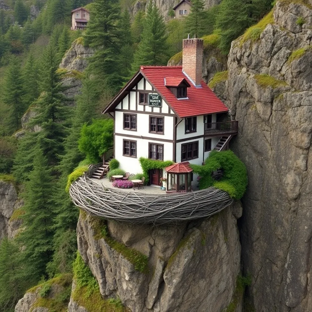 A miniature house nestled on a mossy rock formation in a lush green forest.