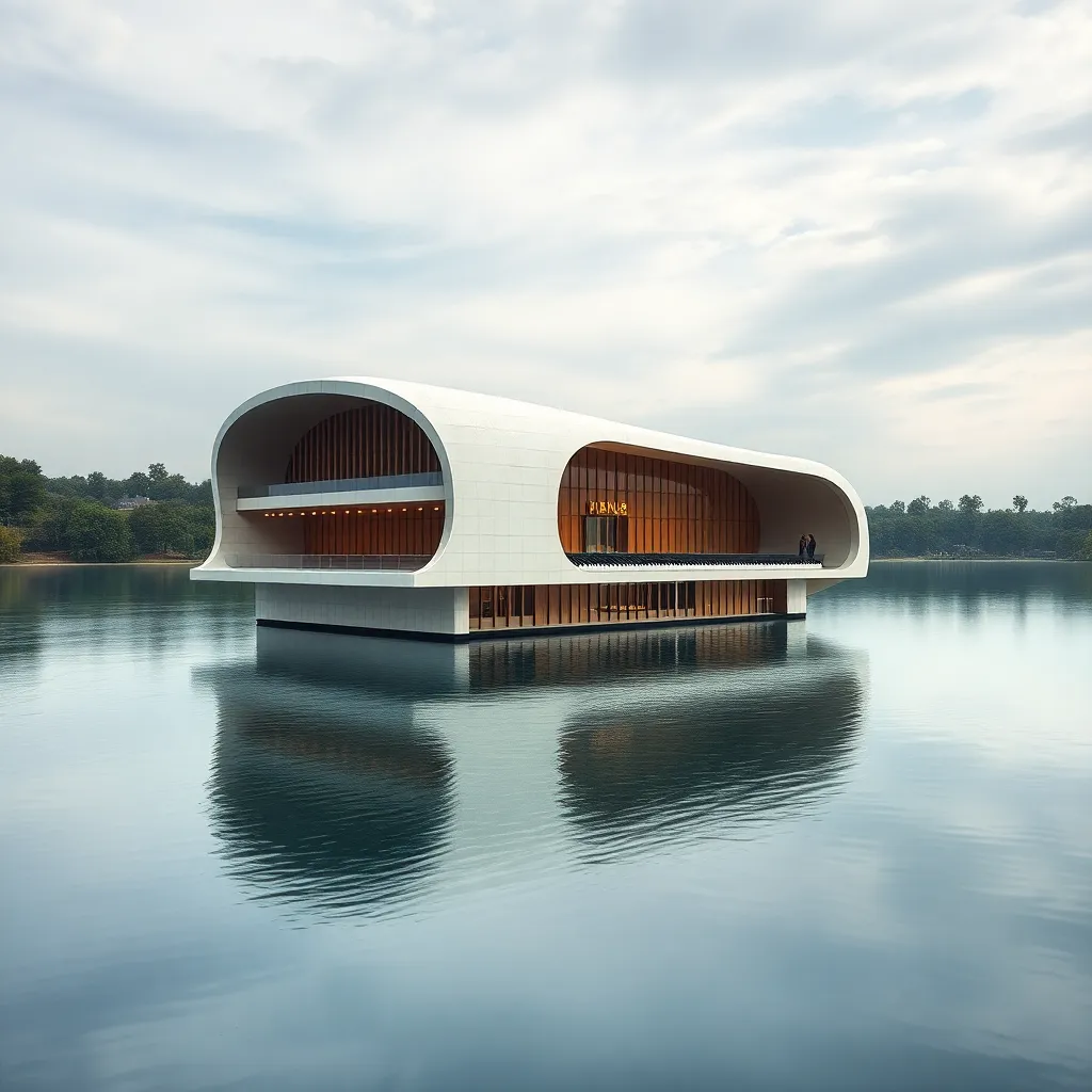 A sleek, modern house with a curved roof, floating on a calm lake.