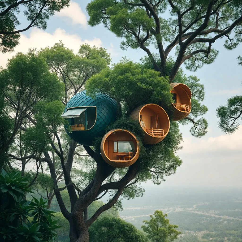 A cluster of treehouses with organic shapes and vibrant colors, built into a large tree.