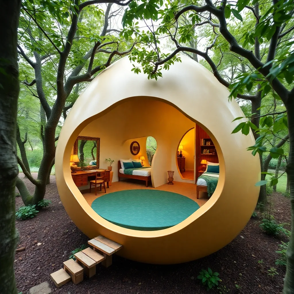 A whimsical, egg-shaped treehouse with a colorful interior, nestled in a lush forest.