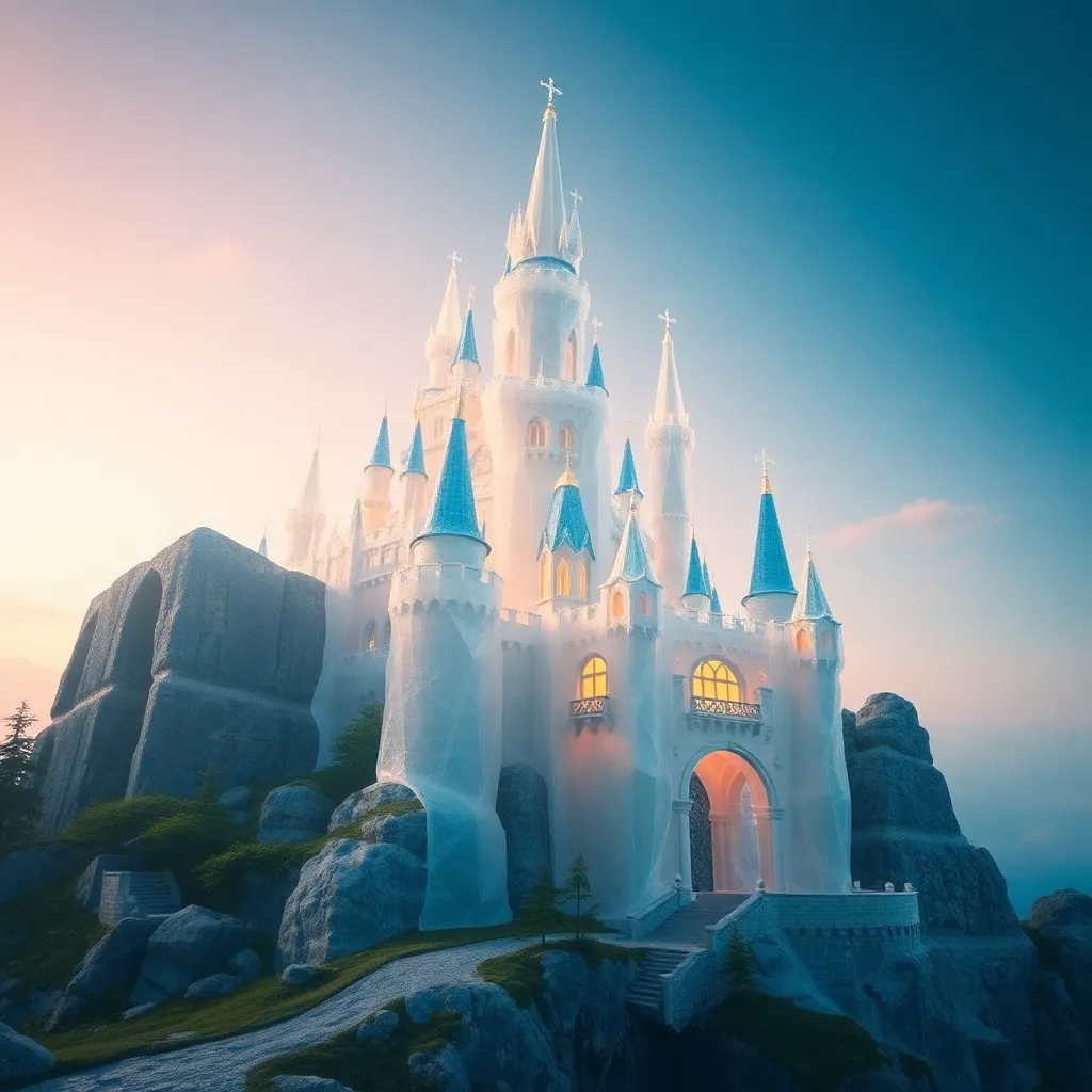 A majestic, snow-covered castle with a fairytale-like appearance, perched on a rocky cliff.