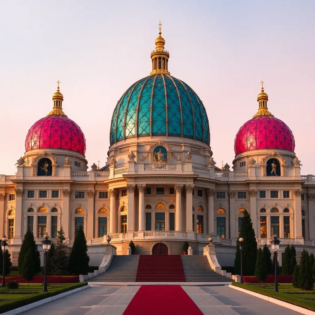 A grand, ornate church with colorful domes and a red carpet leading to its entrance.