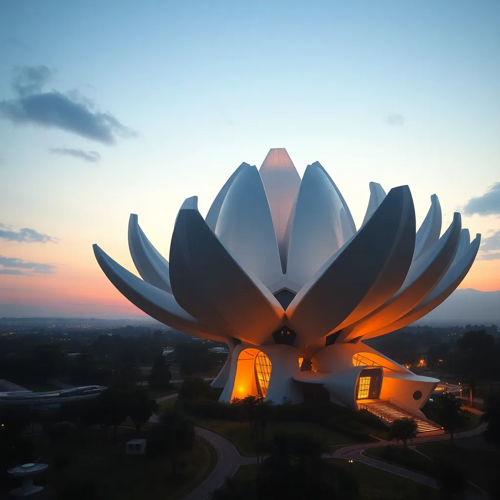 A futuristic, lotus-shaped building with a glowing interior, illuminated against a twilight sky.