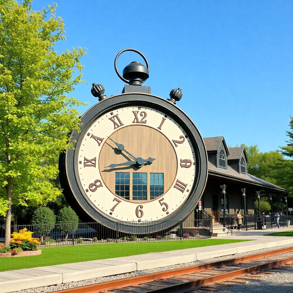 A giant, antique-style clock face towering over a train station platform.