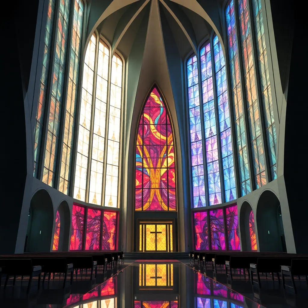 A grand cathedral with a towering stained glass window, reflecting in a pool of water.