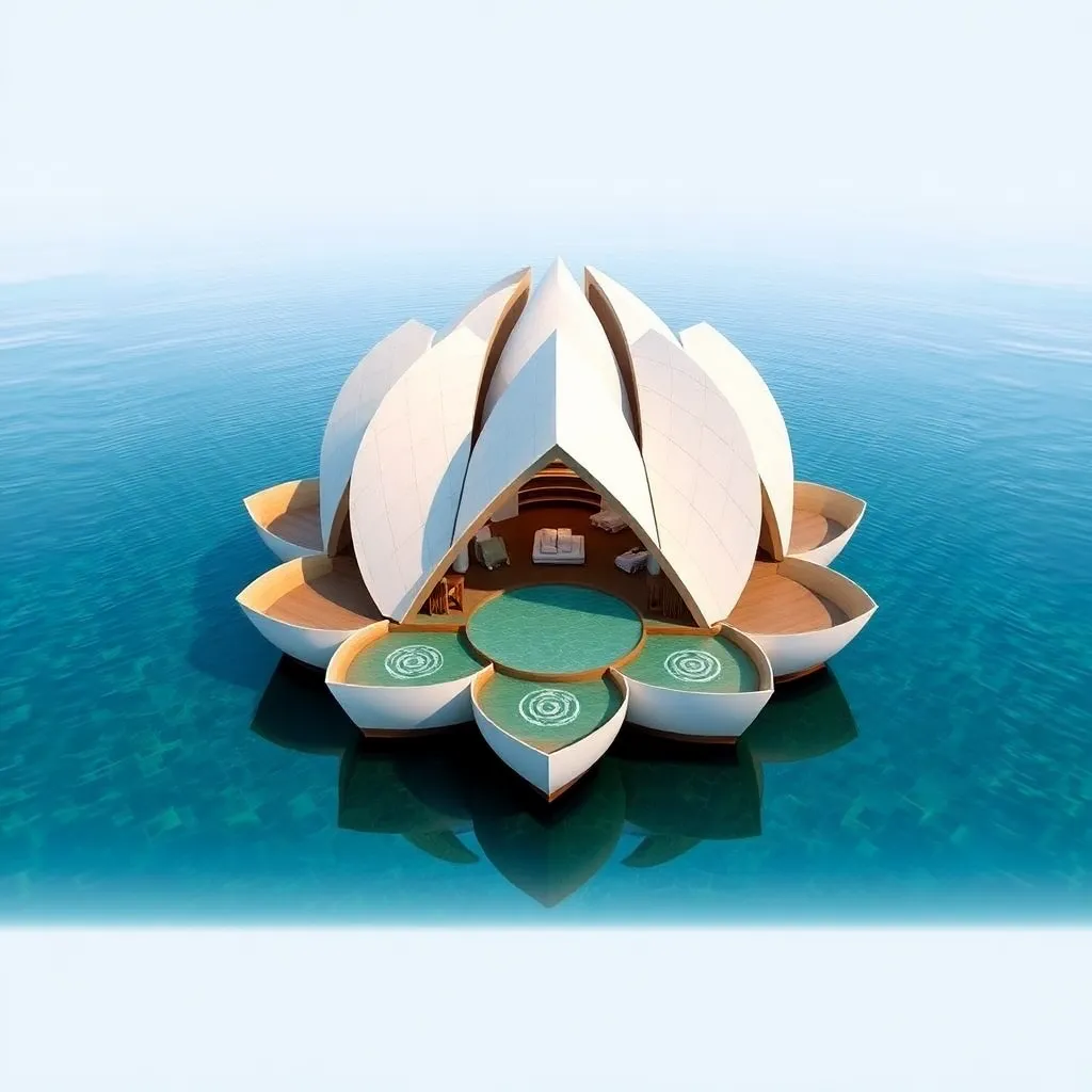 A futuristic, lotus-shaped building floating on water, with a glowing interior.