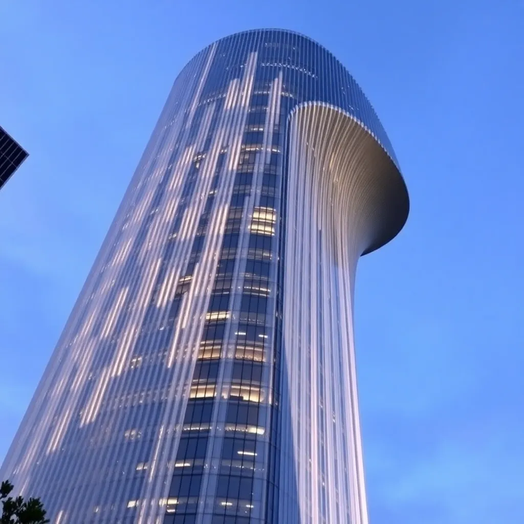 A sleek, modern skyscraper with a curved facade, reflecting the blue sky.